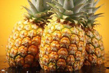  a couple of pineapples sitting next to each other on top of a wooden table next to a yellow wall.