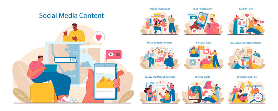 Social Media Content set. Diverse online engagement activities. Connecting through art, dance, beauty, DIY, and life tips. Creative digital interaction representation. Flat vector illustration.