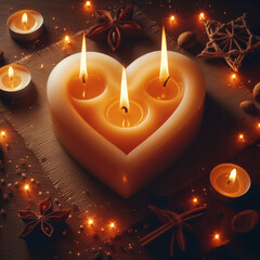 burning yellow wax candle in the shape of a heart on a yellow background