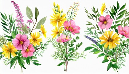 Fototapeta na wymiar set watercolor arrangements with garden flowers bouquets with pink yellow wildflowers leaves branches botanic illustration isolated on white background
