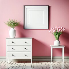 Modern Minimalist Home Decor with Pink Tulips, copy space, frame
