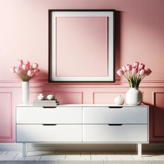 Modern Minimalist pink Home Decor with Pink Tulips, copy space