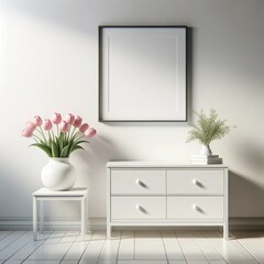 Modern Minimalist Home Decor with Pink Tulips, empty frame
