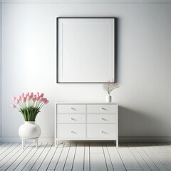 Modern Minimalist white Home Decor with Pink Tulips, empty frame