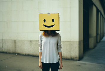 woman posing in the street With a box of happy emoji .Minimal creative emotional and Spreading love advertising concept.Top view.Generative AI.	
