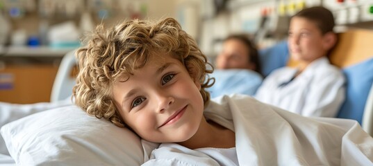 Happy child in white patient gown resting on hospital bed with empty space for text placement