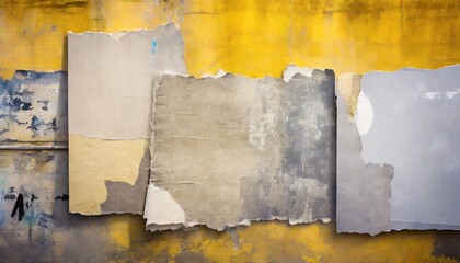 torn ripped aged gray paper posters on dirty yellow urban street wall surface grunge rough dirty background distress texture for mixed media collage