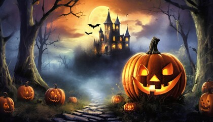 Fototapeta premium a dark castle in a dark forest with a halloween pumpkin as a lantern 