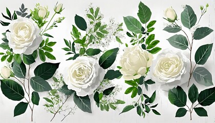 set of floral branch flower white rose green leaves wedding concept floral poster invite vector arrangements for greeting card or invitation design background - obrazy, fototapety, plakaty