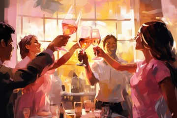  a painting of a group of people toasting with glasses of wine in front of a window at a restaurant.