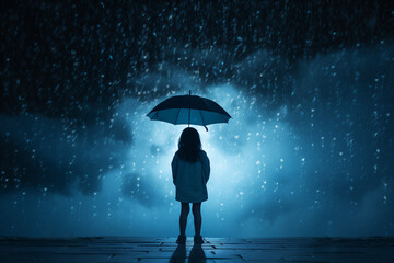 Girl with a magical umbrella. Suitable for a children's book cover.Minimal Concept of children's entertaining literature, fairytales, novellas, stories