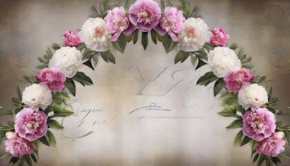 large peonies in a semi arch of monograms on a textural background photo wallpaper
