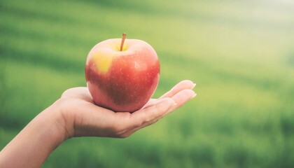 hand holding an apple with a blurred green background