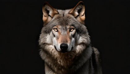 scary dark gray wolf canis lupus direct eye contact in the dark looking at the camera on a black background - obrazy, fototapety, plakaty