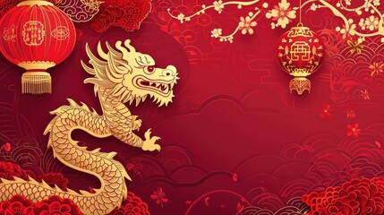 Chinese New Year, Year of the Golden Dragon, Paper cut dragon character,flower and asian elements with craft style on background.