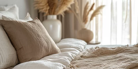 Foto op Aluminium Boho Style Bedroom with Natural white brown colors. Close-up of a cozy bedroom with boho chic decor, featuring earth-toned pillows and a macramé throw. © IndigoElf
