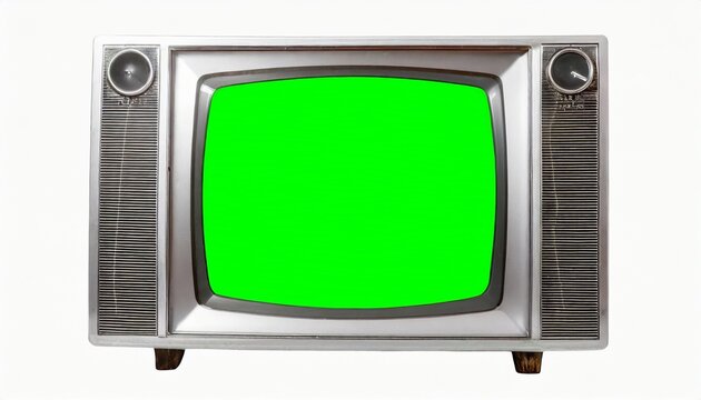old silver vintage green screen tv for adding new images to the screen isolated on white background