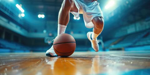 Fototapeta premium Dynamic Basketball Court Action Close-Up. Basketball player male legs in white shoes and the ball on a hardwood court, capturing the motion and energy of the game.