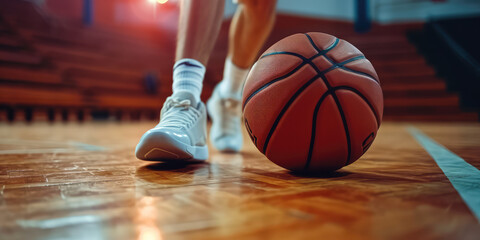 Dynamic Basketball Court Action Close-Up. Basketball player male legs in white shoes and the ball on a hardwood court, capturing the motion and energy of the game.