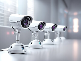 a generic professional set of security cameras in a white glossy material and hologram glowing details as a wide banner with copy space area design.