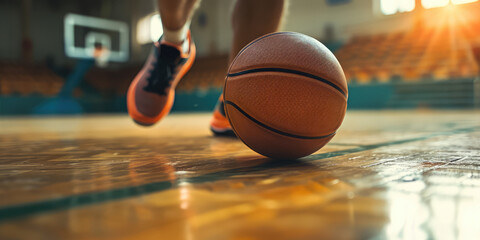 Dynamic Basketball Court Action Close-Up. Basketball player male legs and the ball on a hardwood court, capturing the motion and energy of the game, copy space. - obrazy, fototapety, plakaty
