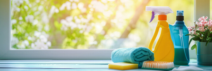 Cleaning products are on the table by the window in the sun with flower. Design for spring house cleaning, cleanliness and freshness. Horizontal banner template with place for text, copy space - obrazy, fototapety, plakaty