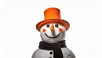 cheerful snowman in orange hat isolated on white