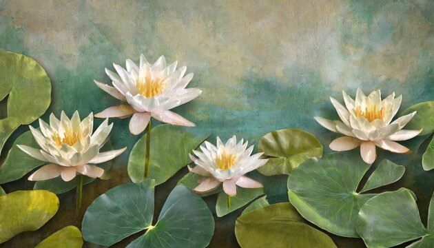 large art painted water lilies and leaves on a textural background textural photo wallpaper in the interior