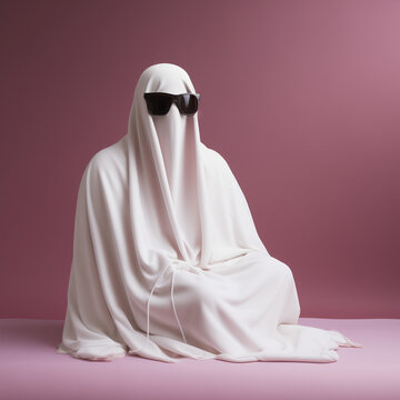 A white ghost with sunglasses. a playful fusion of the supernatural and contemporary style minimal concept.Top view,copy space.Generative Ai
