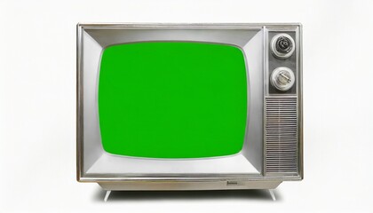 old silver vintage green screen tv for adding new images to the screen isolated on white background