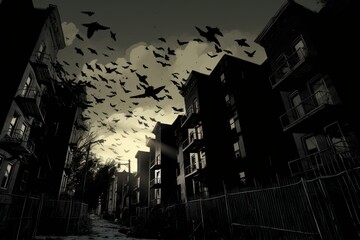  a black and white photo of a flock of birds flying in the air over a city street at night time.