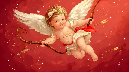 Fototapeta premium Cupid with bow on a beautiful red background for Valentine's Day 