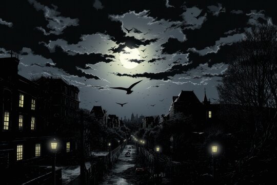  a painting of a city street at night with a bird flying in the sky and a full moon in the background.
