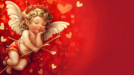 Obraz na płótnie Canvas Cupid with bow on a beautiful red background for Valentine's Day 