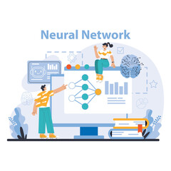 AI Model concept. Dynamic representation of neural network analysis and its role in modern AI systems. Human and machine collaboration. Flat vector illustration.