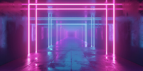 Futuristic empty pink Neon-Lit Corridor mockup. 3D-rendered corridor with vibrant neon lights and a futuristic design.