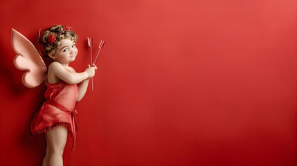 Cupid with bow on a beautiful red background for Valentine's Day	 - obrazy, fototapety, plakaty