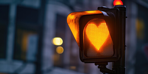 Yellow Heart-Shaped Stoplight at Sunset. Traffic light displaying a heart-shaped signal, creative concept time to love. - obrazy, fototapety, plakaty