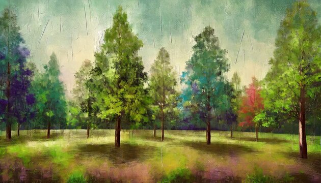 trees art drawing in different colors on a textural background scuffs photo wallpaper in the interior