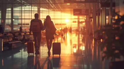 Young couple at the airport at sunset.