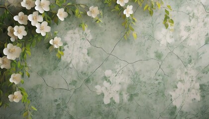 texture wall cracked background which depicts branches with flowers ele can be seen photo wallpaper in the interior