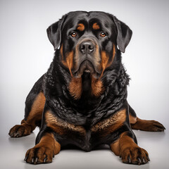 Rottweiler sitting , white background.