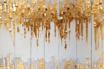  a close up of a painting with gold paint on a white wooden wall with peeling paint on the paint chippings.