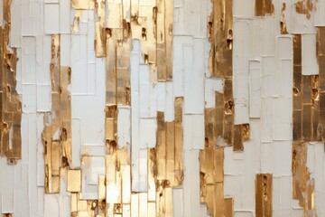  a close up of a piece of art that looks like gold paint on a white wall with gold foil on it.