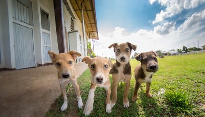 several abandoned puppies stand and look with sad eyes wanting to find a home and owner dogs waiting to feed eyes filled with anticipation concept of adopting a pet from a shelter - obrazy, fototapety, plakaty