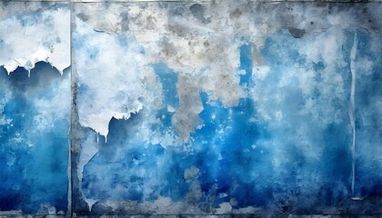 torn ripped aged paper poster street wall surface blue and white colors leaking paint grunge rough dirty rust background urban collage texture - obrazy, fototapety, plakaty
