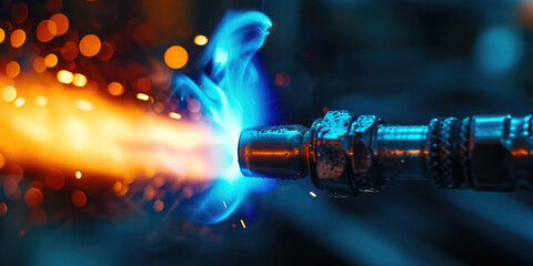 Intense Welding Flame and red Sparks. Macro shot of a welding torch with blue flame and bright sparks on metal.