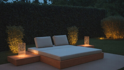 A sofa set placed on a backyard in the night with lamp