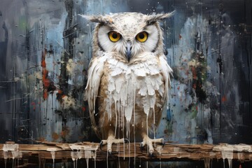  a painting of an owl sitting on a piece of wood with icicles hanging off of it's wings. - obrazy, fototapety, plakaty