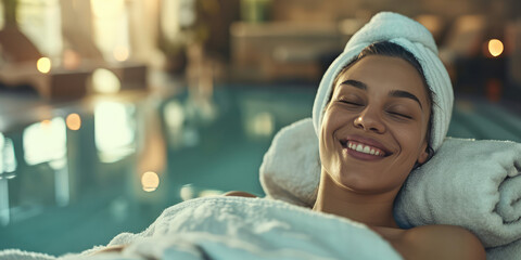Serene Spa Relaxation. Smiling latino woman in a bathrobe and towel enjoying a relaxing moment at a...